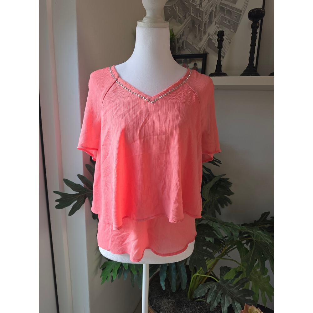 Juicy Couture Coral Pink Studded V-Neck Layered Cold Shoulder Blouse Small